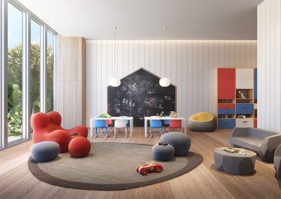 3D rendering sample of the children's playroom design at 57 Ocean condo.