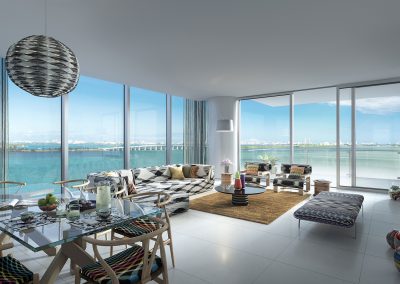 3D rendering sample of a dining and living room design at Missoni Baia condo.