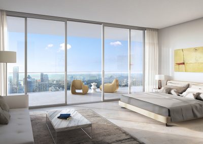 3D rendering sample of a large, modern bedroom design at One River Point condo.