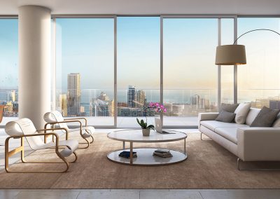 3D rendering sample of a modern living room design at One River Point condo.