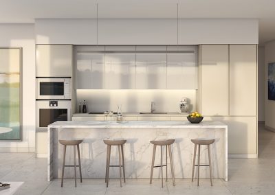 3D rendering sample of a white, modern kitchen design at One River Point condo.