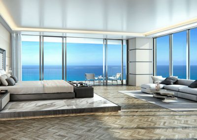 3D rendering sample of a large bedroom design at Turnberry Ocean Club condo.
